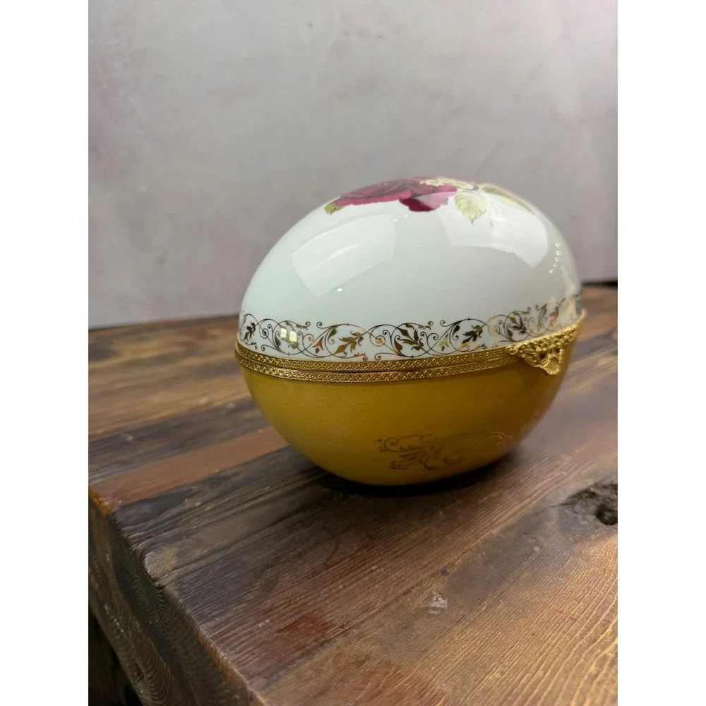 Artoria Limoges France Porcelain Egg Trinket Box Yellow Pink Roses Gold Filigree
